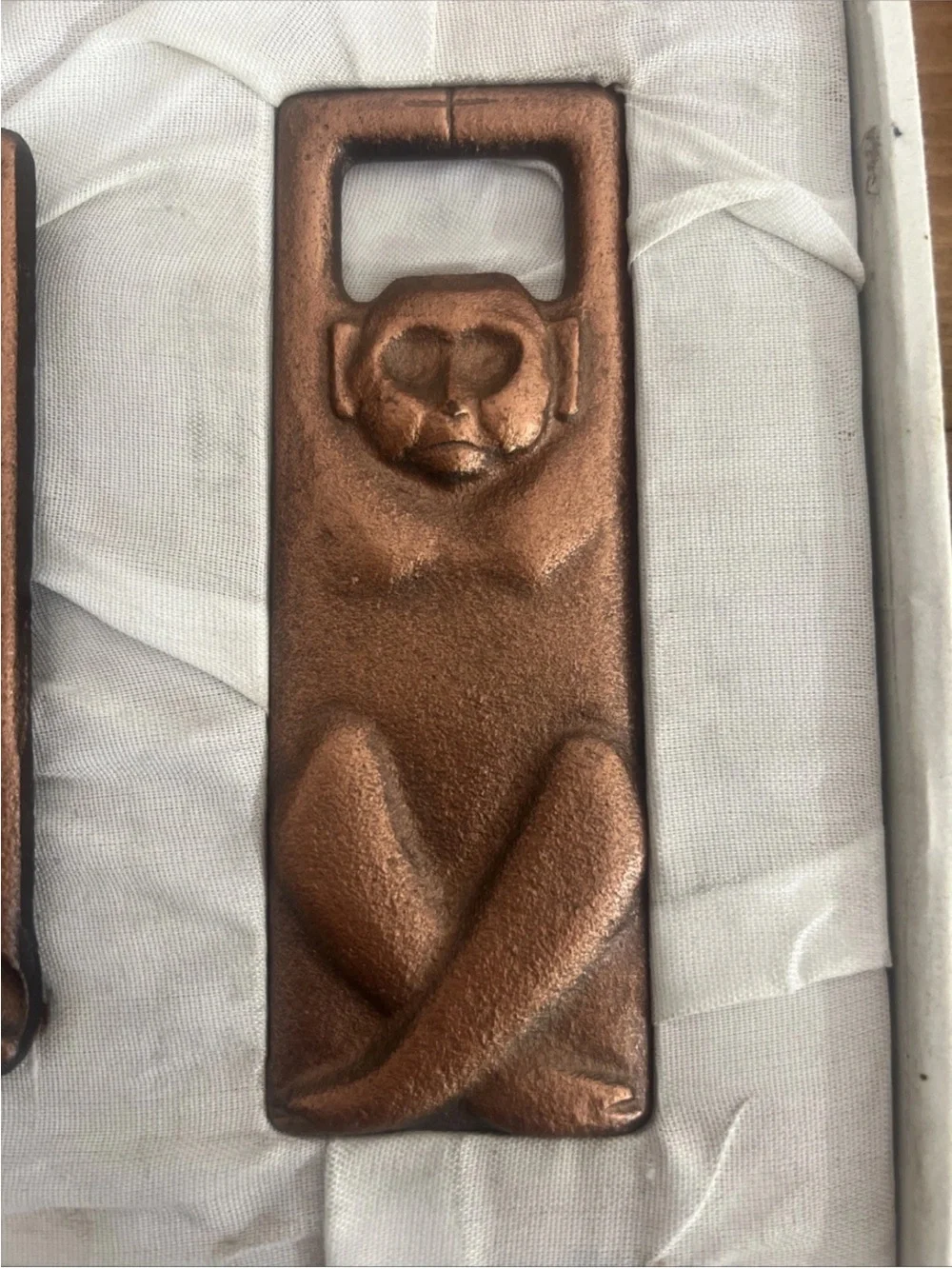 Vintage Cast Iron Copper Plated Ashtray / Bottle Opener w/box - 3 Wise Monkeys